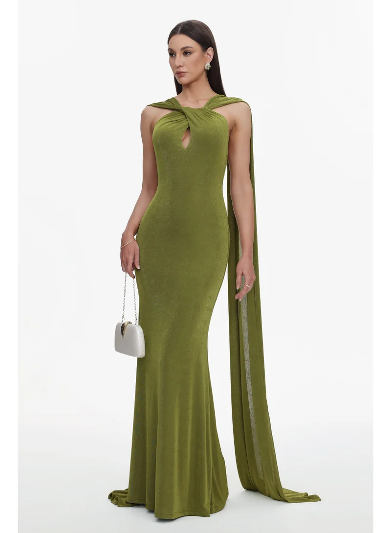 Bella Barnett Romelle Elegant Contour Twist Halter Cape Cut Out  Maxi Dress